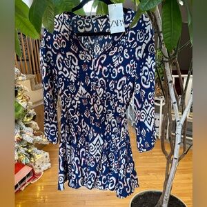 Zara Navy and White Patterned Dress